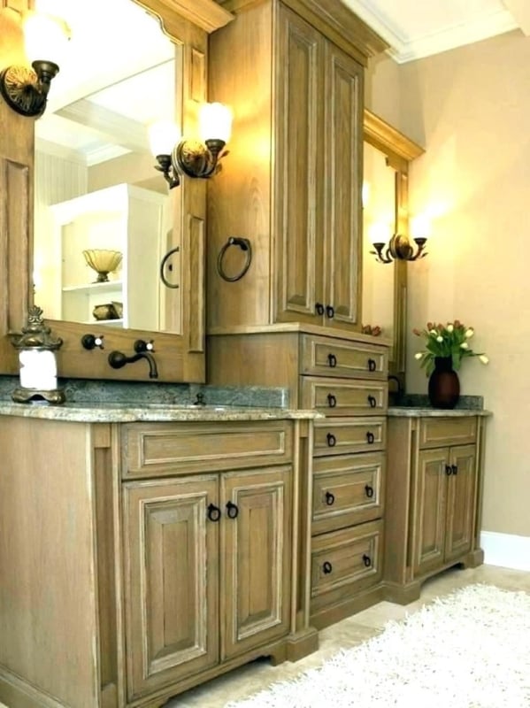 Elegant Wooden Bathroom Vanity with Center Storage Tower