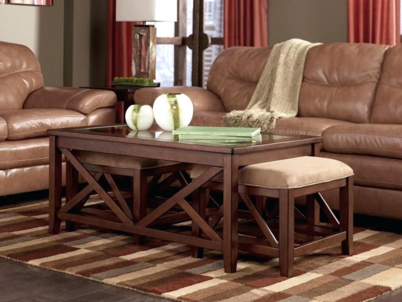 Elegant Wooden Coffee Table with Nesting Stools