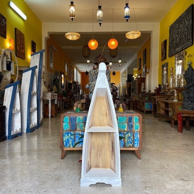 Ethnic Wooden Canoe Bookcase in Natural Wood and White Color - Etsy
