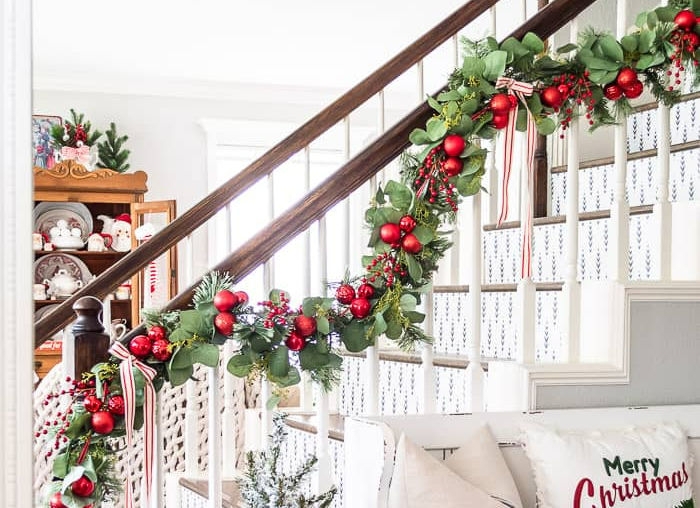 Festive Christmas Banister Garland with Red Ornaments