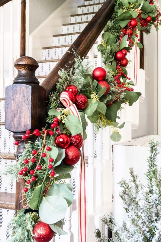 Festive Christmas Banister Garland with Red Ornaments