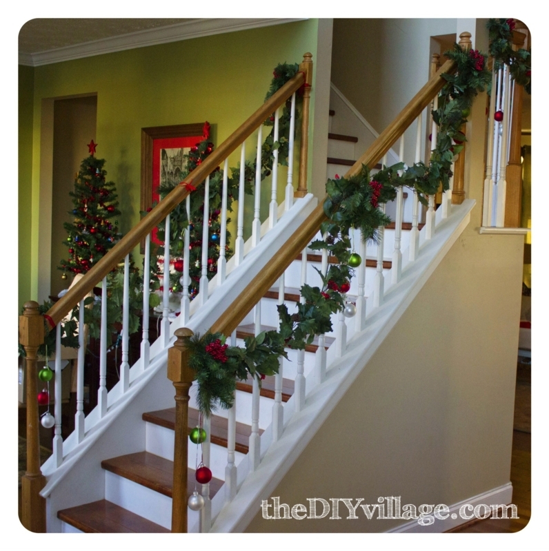 Festive Christmas Garland Decorated Stair Banister