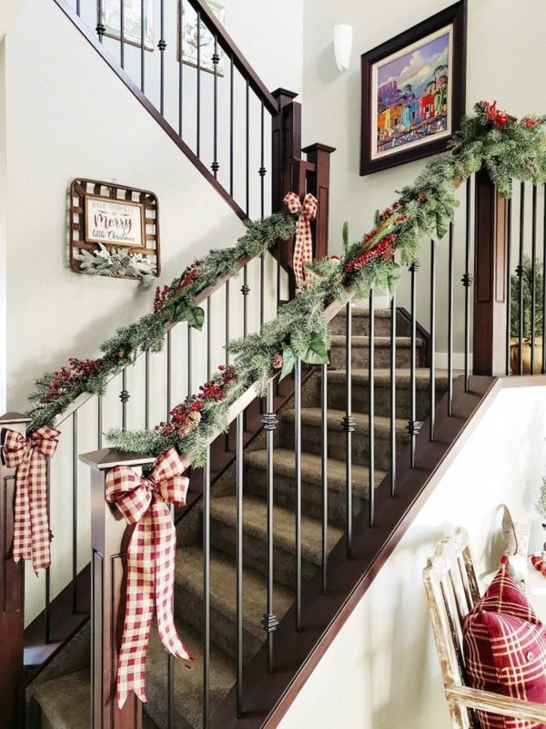 Festive Garland and Ribbon Decor on Stair Banisters