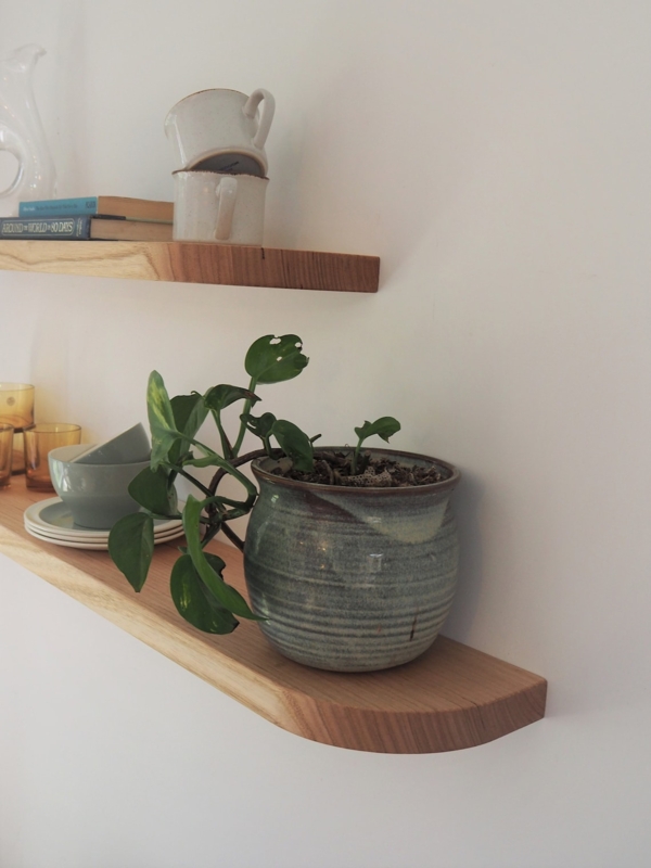 Floating Curved Hardwood Wall Shelves with Plants