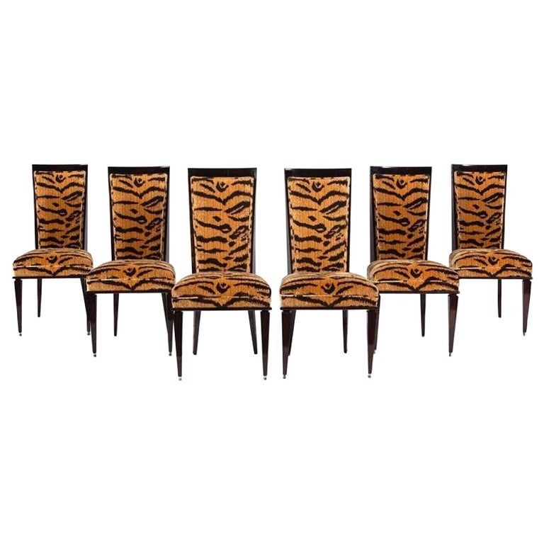 French Art Deco Leopard Print Dining Chairs Set