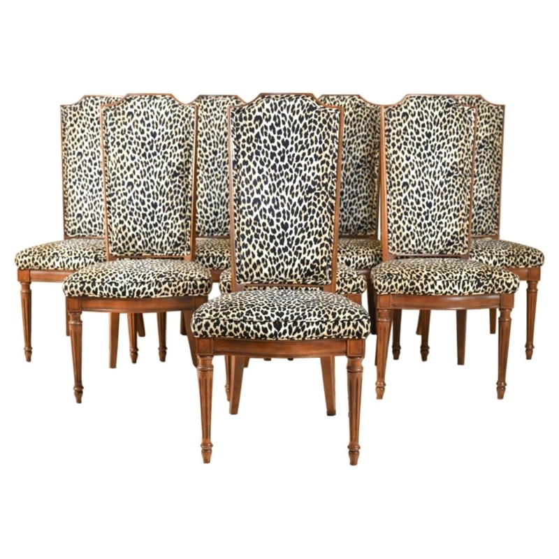 French High Back Leopard Print Dining Chairs Set