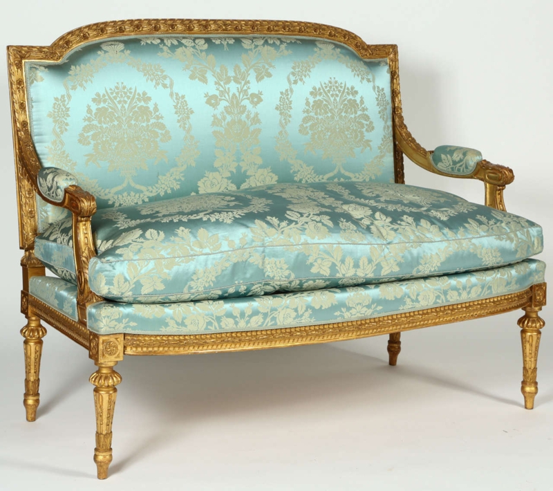 French Louis XVI Giltwood Blue Floral Settee