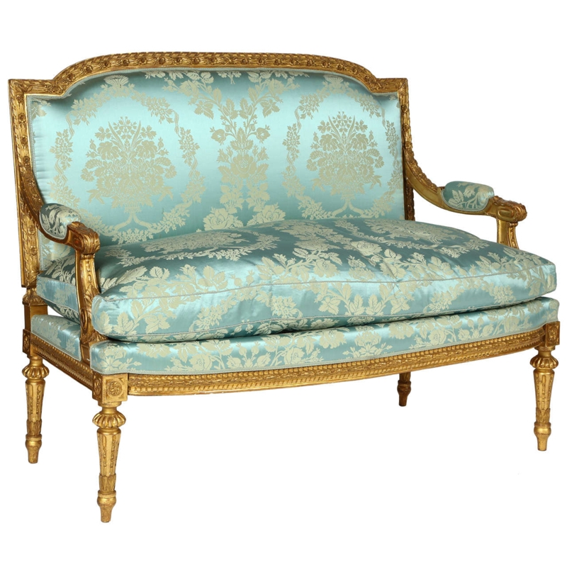 French Louis XVI Giltwood Blue Upholstered Settee