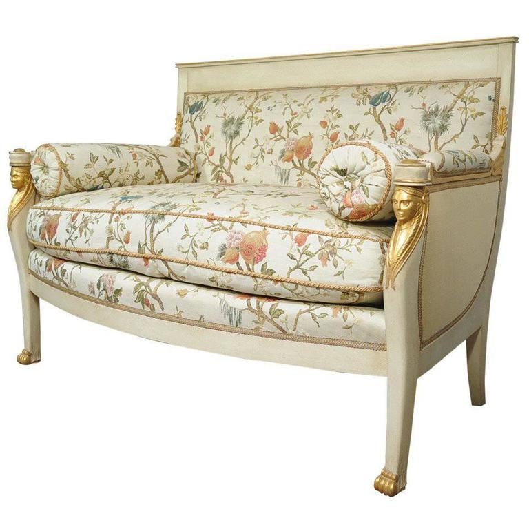 French Neoclassical Cream and Gold Floral Settee