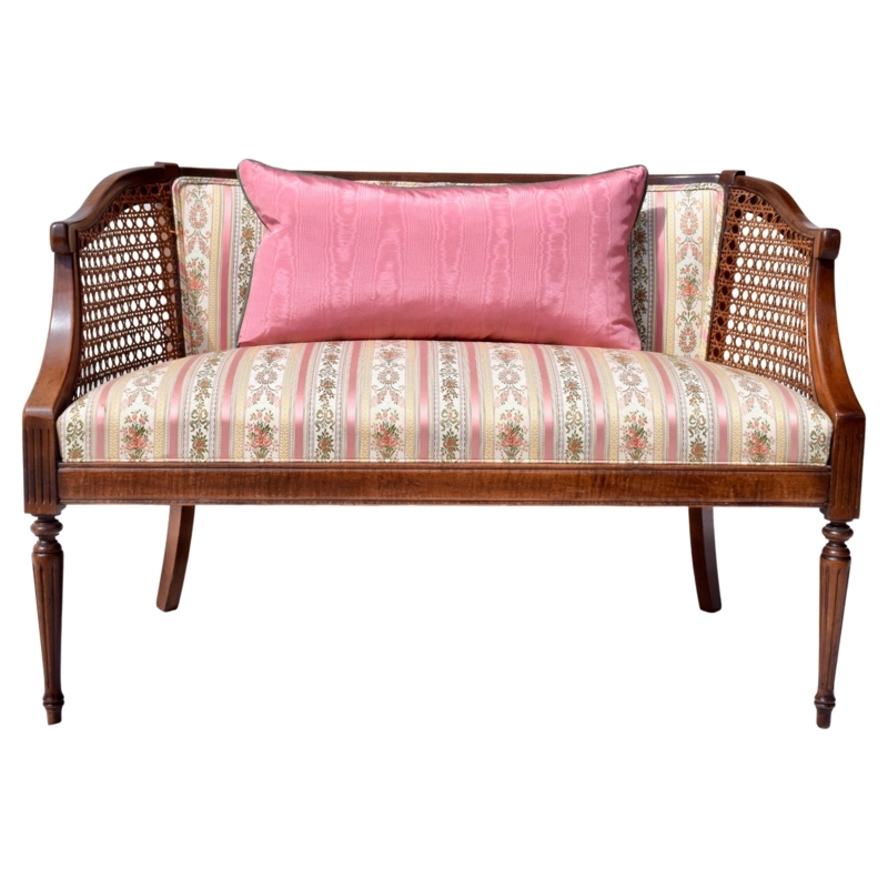 French Rattan Cane Settee with Floral Upholstery