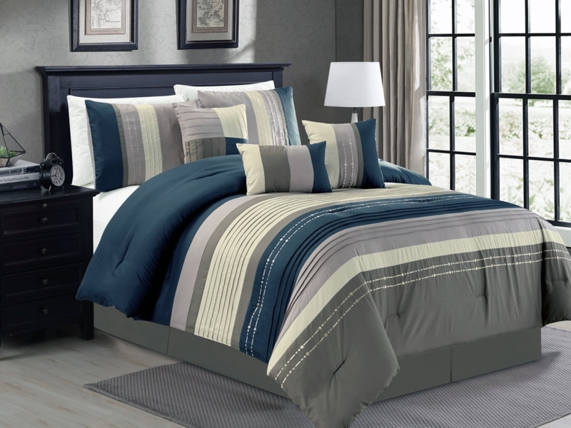 Gray and Navy Stripe Embroidered Comforter Set