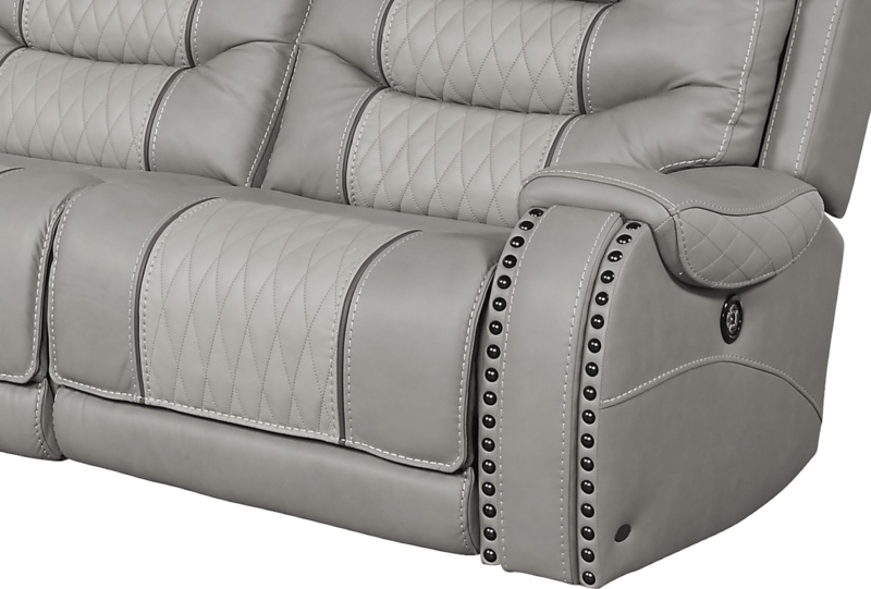 Gray Leather Dual Power Reclining Sofa with Studded Detailing