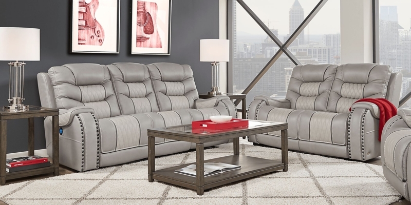 Gray Leather Living Room Set with Modern Accent Tables