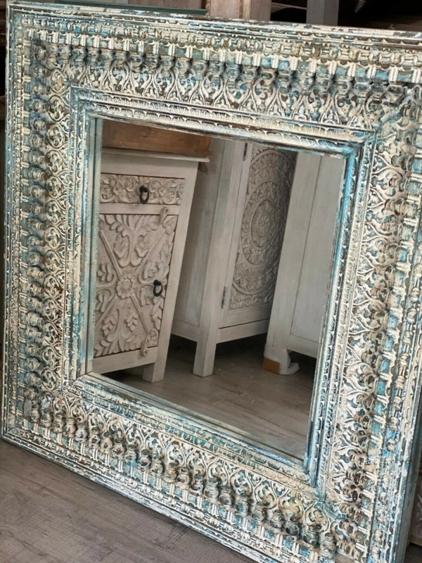 Hand Carved Indian Wooden Mirror Frame in Blue