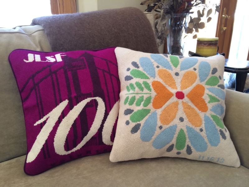 Handcrafted Custom Needlepoint Pillows on Sofa