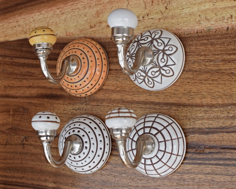 Handmade Ceramic Floral Coat Hooks on Wood