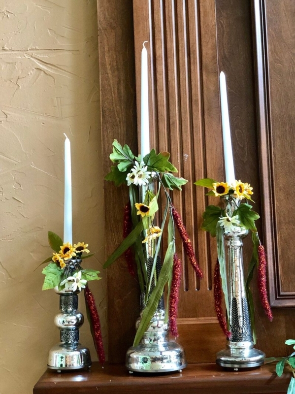 Handmade Fall Tapered Candle Rings with Floral Accents