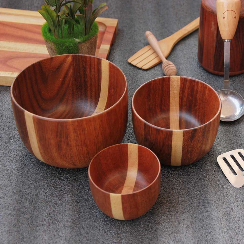 Handmade Wooden Bowls with Natural Stripe Design