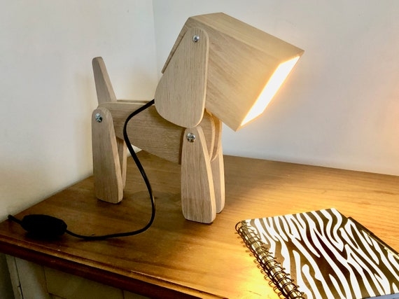 Handmade Wooden Dog Shaped Table Lamp