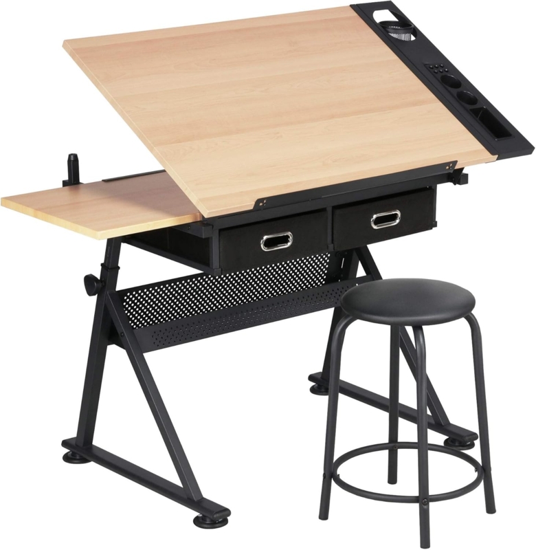 Height Adjustable Wood Drafting Table with Stool