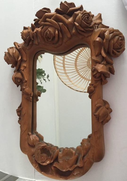 Intricately Carved Wooden Mirror Frame with Blooming Roses