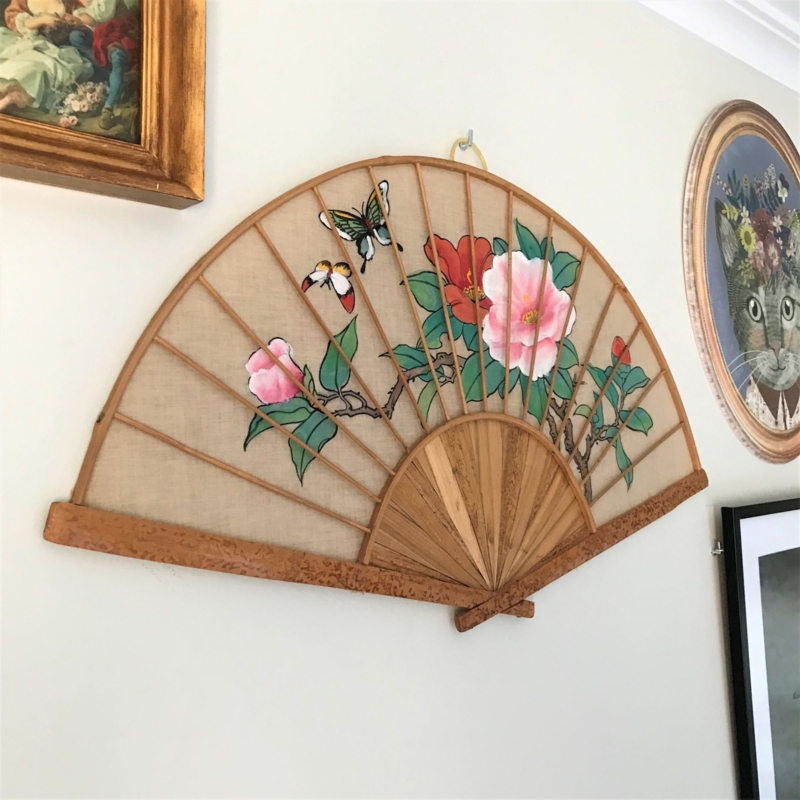 Large Antique Hand-Painted Bamboo Wall Fan