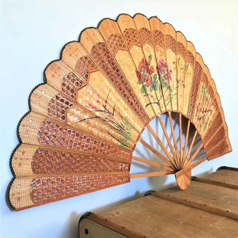 Large Antique Hand-Painted Bamboo Wicker Wall Fan