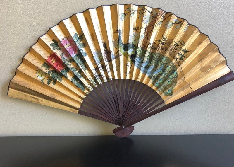 Large Bamboo Peacock Wall Fan with Floral Design