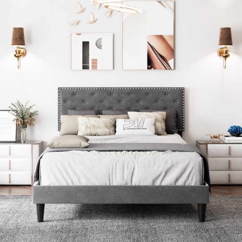 Lark Manor Aleiny Velvet Bed with Adjustable Upholstered Headboard ...