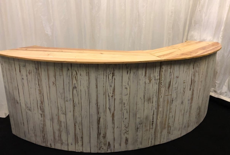 Limewash curved wooden bar hire ideal for weddings