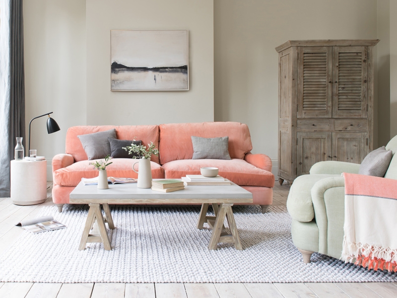 Living Coral Sofa Brightens Neutral Living Room