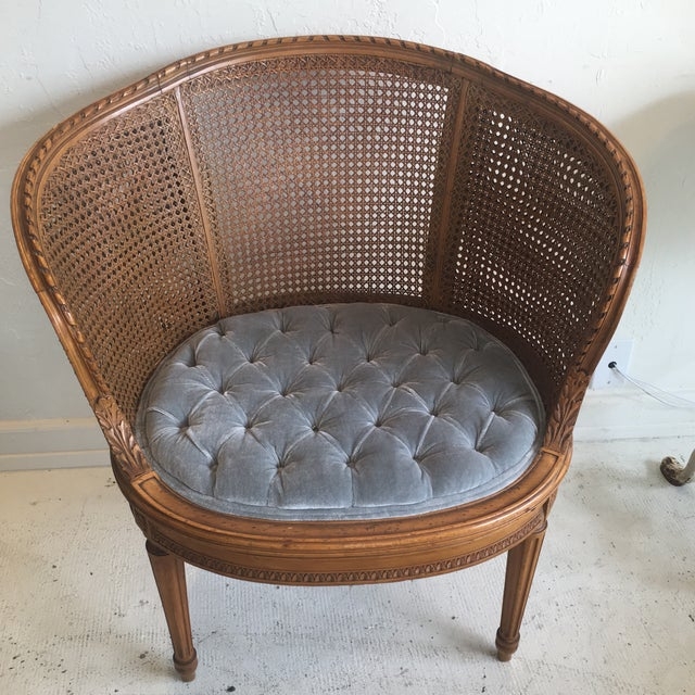 Louis XVI Style Cane Barrel Chair with Tufted Cushion
