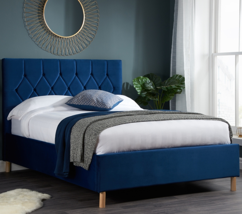 Loxley Blue Velvet Double Bed Frame with Headboard