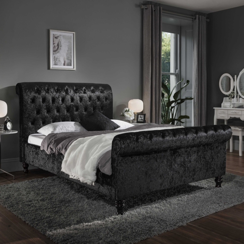Luxurious Black Velvet Chesterfield Sleigh Bed Frame