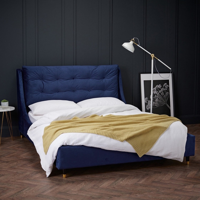 Luxurious Blue Velvet Bed with Tufted Headboard