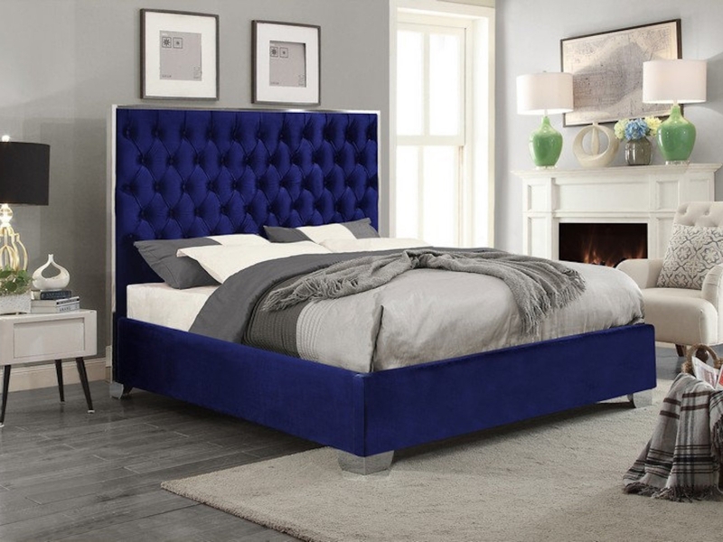 Luxurious Blue Velvet Fabric Tufted Bed