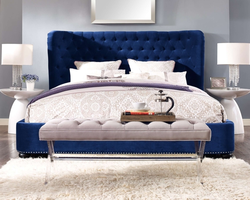 Luxurious Blue Velvet King Size Bed with Bench
