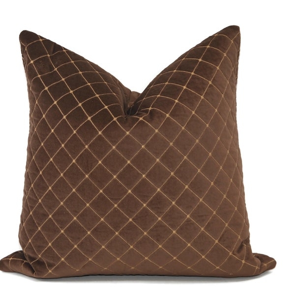 Luxurious Brown Velvet Quilted Throw Pillow