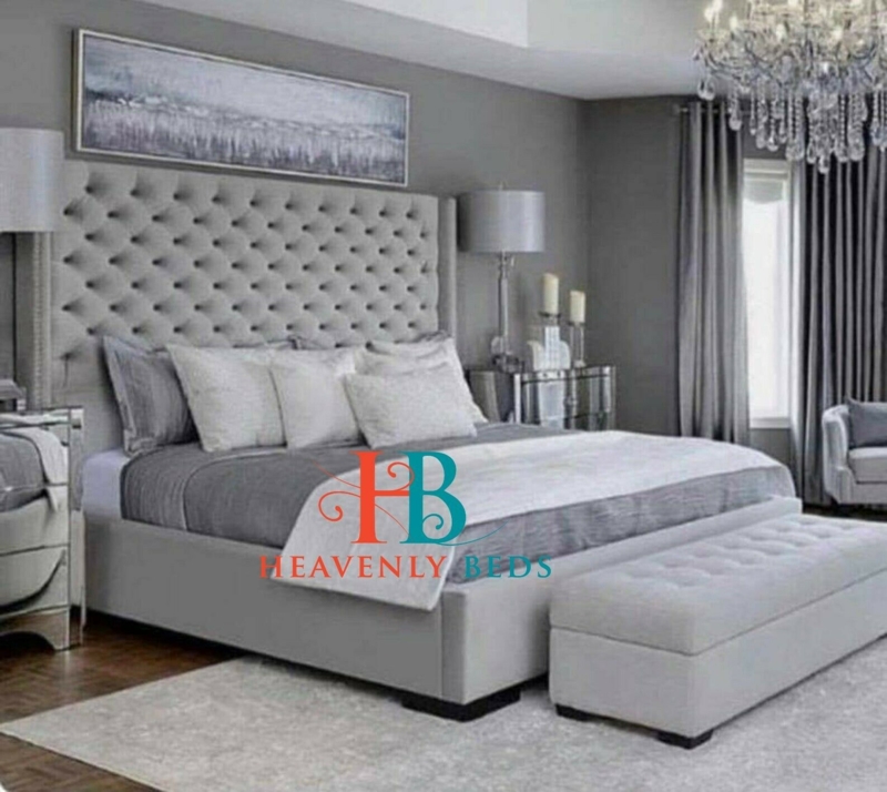 Luxurious Grey Chesterfield Upholstered Wingback Bed
