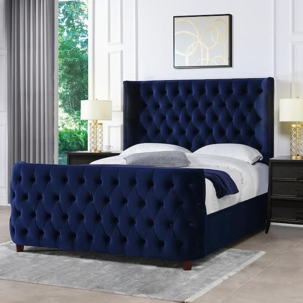Luxurious Navy Blue Tufted Velvet Queen Bed