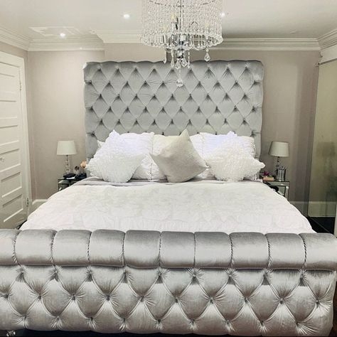 Luxurious Silver Velvet Diamond Tufted Sleigh Bed