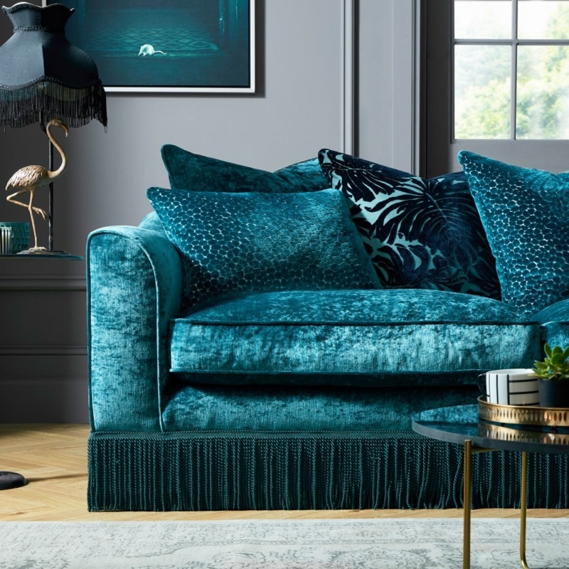Luxurious Teal Velvet Sofa with Fringe Detail