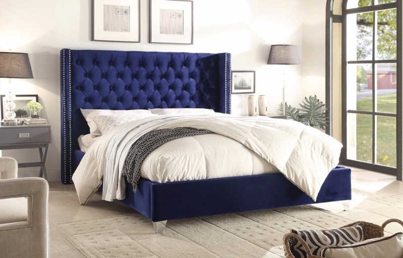 Luxury Blue Velvet Queen Bed with Tufted Headboard