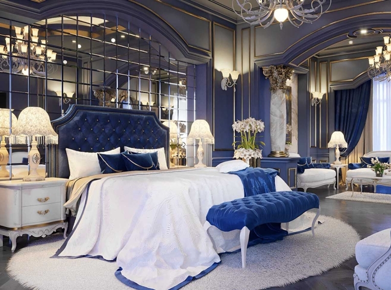 Luxury Royal Blue Art Deco Bedroom Design