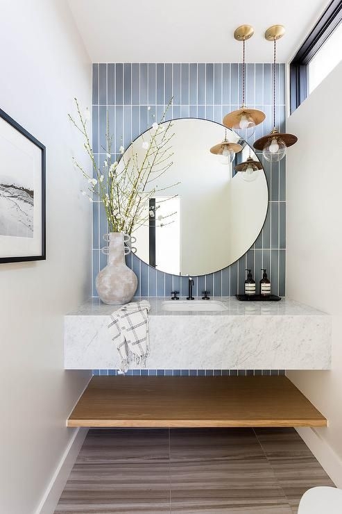 Marble Floating Sink Vanity with Vertical Stacked Blue Tiles ...