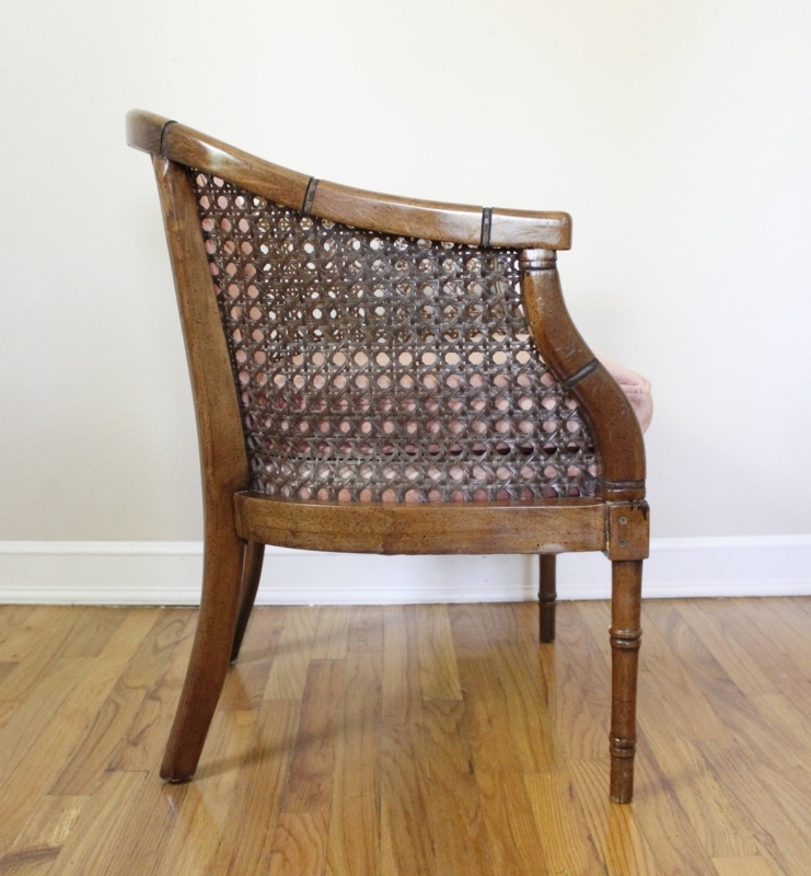 Mid Century Cane and Blush Velvet Barrel Chair