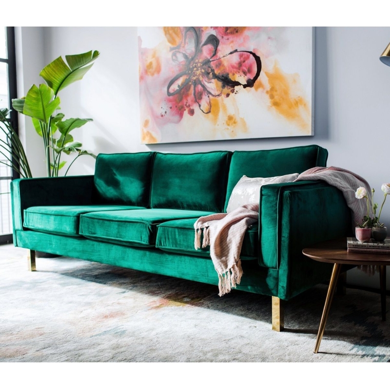 Mid-Century Modern Emerald Green Velvet Sofa Design