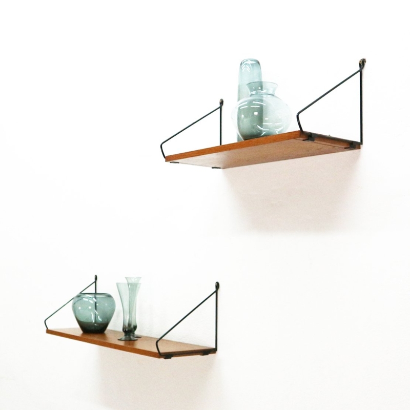 Mid-Century Modern Teak Wall Shelves with Glass Decor
