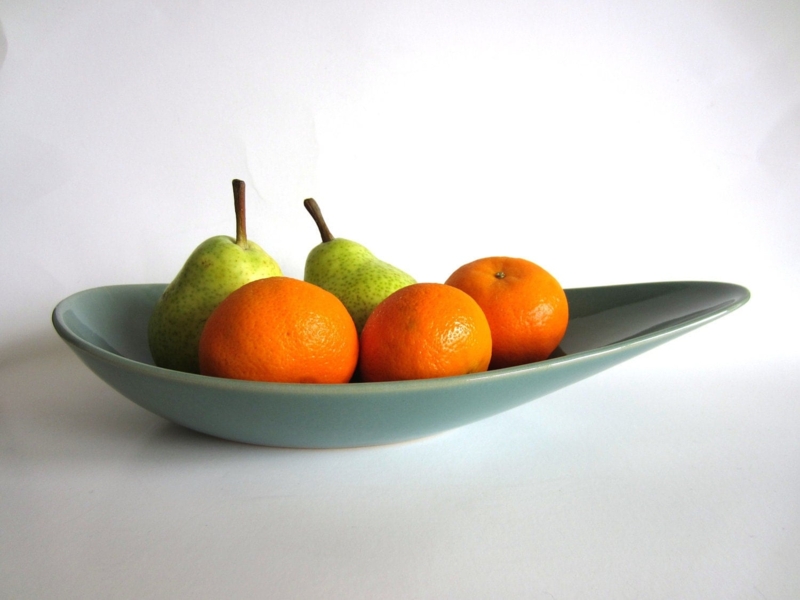 Mid Century Modern Teal Fruit Bowl with Pears and Oranges