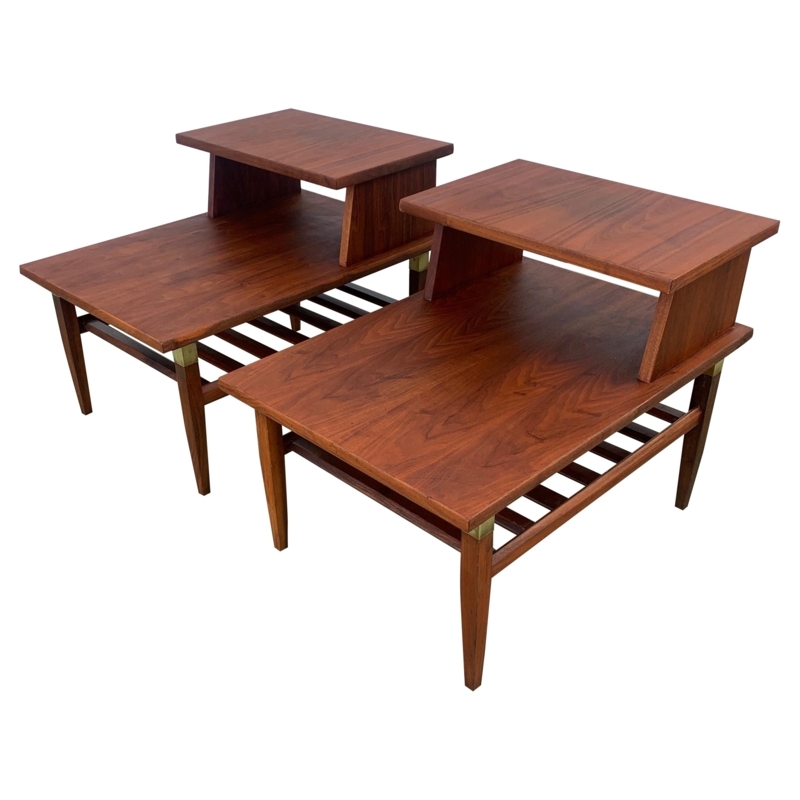 Mid-Century Modern Walnut Two-Tier End Tables with Brass